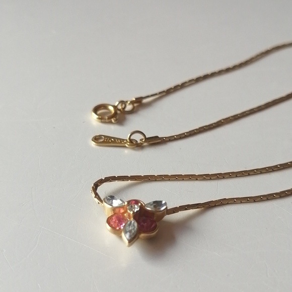 Vintage 1985 Avon Minimalist Necklace Pink Sparkle Clear Rhinestones Gold Chain - Picture 7 of 11